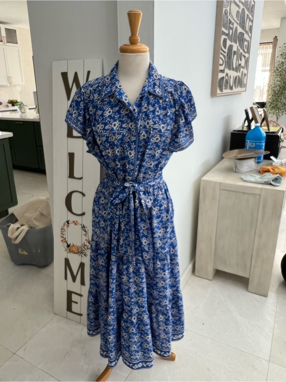 Max Studio Blue Floral Button-Front Maxi Dress with Tie Waist